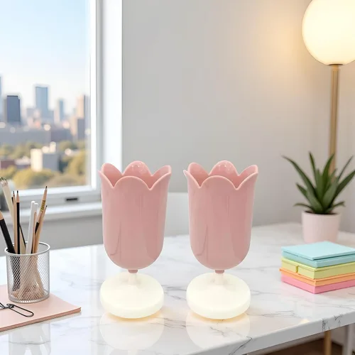 Vista 8 de 2 soportes de plástico rosa para bolígrafos de tulipán, bonitos vasos para escritorio, organizador de pinceles, suministros de papelería de oficina