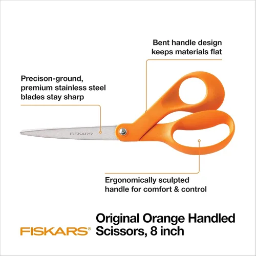 Vista 3 de Fiskars Tijeras originales de acero inoxidable con mango naranja de 8 pulgadas, ergonómicas y mantienen el material plano, tijeras afiladas