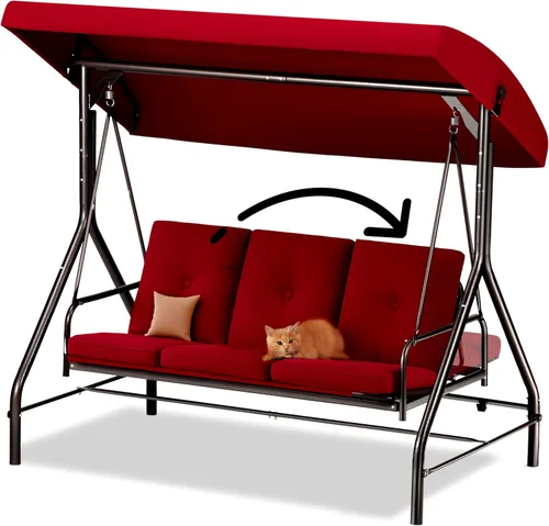 Vista 7 de Columpio para porche, columpio de 3 asientos para patio al aire libre con toldo para adultos, cama deslizante convertible, cojines gruesos