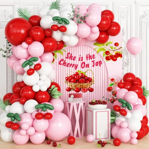 Vista 10 de Kit de arco de guirnalda de globos de cerezo rojo y negro, globos de papel