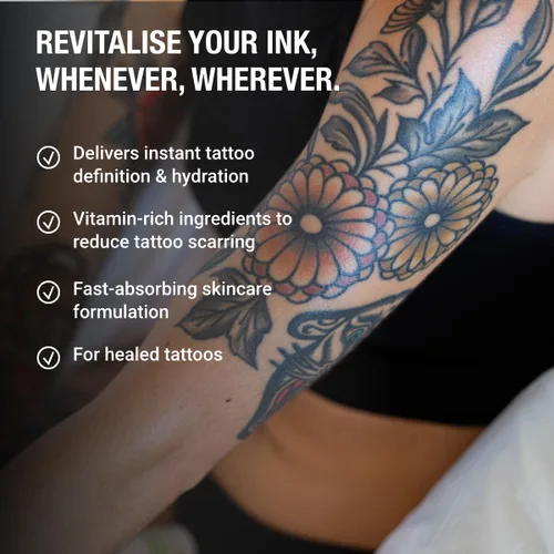 Vista 2 de Stories & Ink Tattoo Care Aceite corporal destacado para tatuajes curados Aceite de brillo instantáneo para mejorar la vitalidad de la tinta
