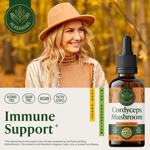 Vista 2 de HERBAMAMA Cordyceps Sinensis Tintura - Apoyo inmunológico vegano y defensa con gotas de extracto de hongos Cordyceps - Suplemento de inmunidad