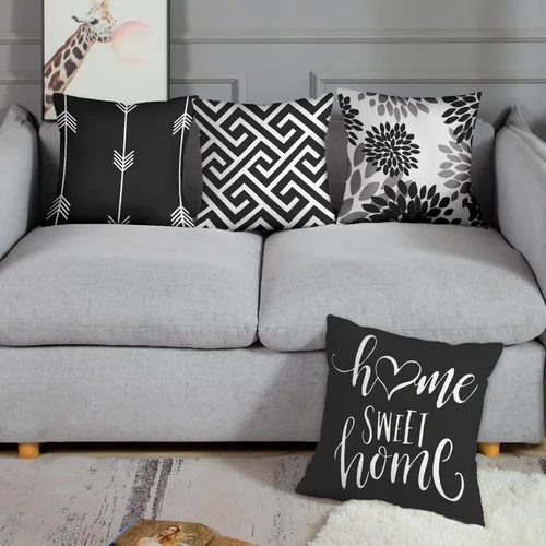 Vista 2 de Emvency Juego de 4 fundas de almohada modernas geométricas abstractas en negro, blanco y gris, diseño de flechas florales dulces, fundas de almohada