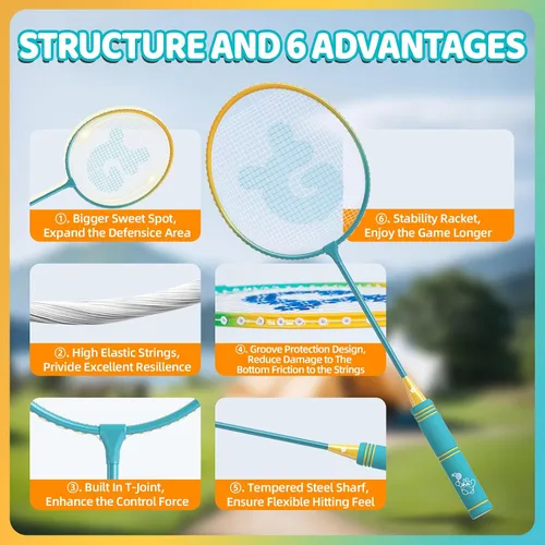 Vista 3 de Badminton Rackets Set of 4, Lightweight & Beginners Badminton Racquets 4 Rackets, 6 Nylon Shuttlecocks, 4 Replacement Grip Tapes and 1 Carrying