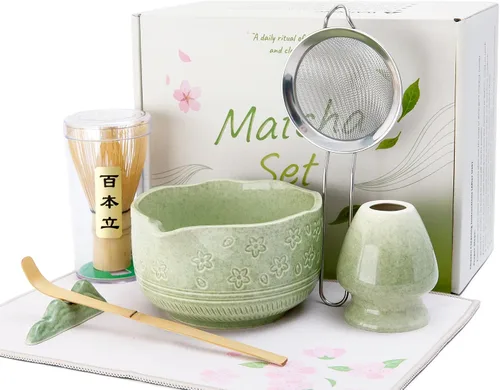 Vista 8 de ALBISS Juego de regalo de batidor de matcha, 7 piezas de cerámica con flor Rosa (Sakura Pink)