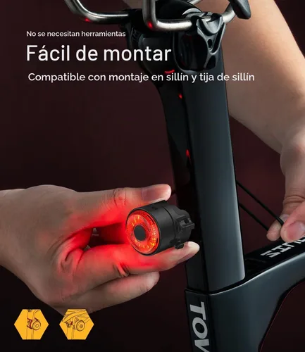 Vista 4 de TOWILD TL03 - Luz trasera para bicicleta, luces traseras de bicicleta con detección de freno inteligente, cable tipo C, impermeable, luces traseras