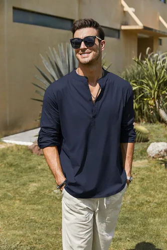 Vista 4 de COOFANDY - Camisa de lino y algodón con cuello Henley, de manga larga, estilo hippie, informal, camisetas de playa