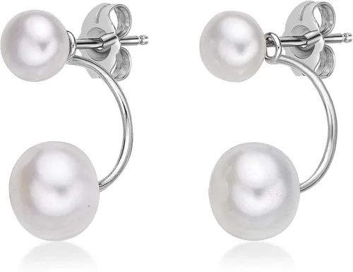 Vista 2 de Lavari Jewelers - Aretes de doble perla en blanco o negro de agua dulce para mujer en plata de ley 925 con empuje hacia atrás de 6 y 0.394in, Metal