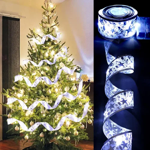 Vista 5 de Cinta plateada para árbol de Navidad, cinta de Navidad con cable, decoración de 32 pies (2 x 16 pies), cinta de Navidad transparente con alambre