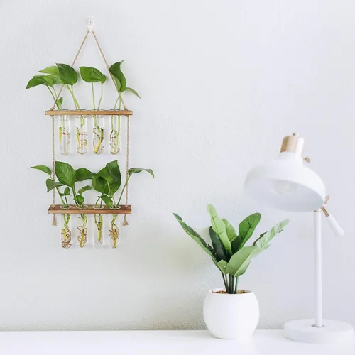 Vista 6 de Hyindoor Maceta Colgante de Pared Terrario Jarrón de Vidrio de 2 Niveles con Tubos de Ensayo, Estación de Propagación de Plantas, Colgadores