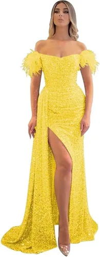 Vista 17 de Vestidos de fiesta de lentejuelas con hombros descubiertos, vestido formal de sirena brillante, vestido largo de fiesta de noche con abertura