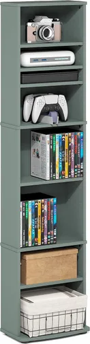 Vista 11 de Furinno Jaya - Estante de DVD estrecho de 8 niveles de alto, estante multimedia con estantes ajustables, armarios de almacenamiento de DVD para CD