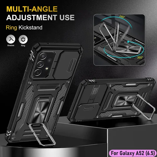 Vista 5 de Funda resistente para Samsung Galaxy A52 (5G), protector de parachoques de goma de doble capa de grado militar con protector de cámara deslizante