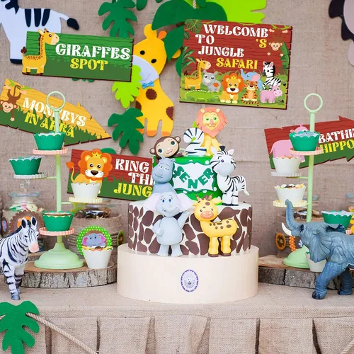 Vista 5 de 20 carteles de fiesta de safari con texto en inglés "Welcome to Jungle Safari", decoraciones de fiesta temática de animales salvajes, letreros