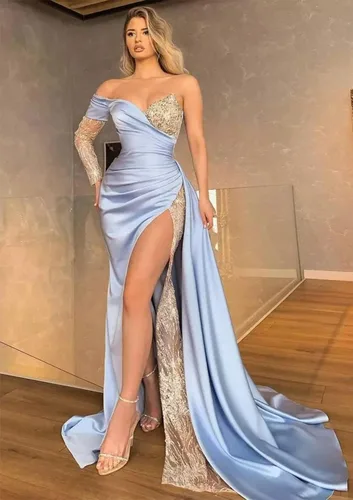 Vista 3 de Vestidos de fiesta de sirena con abertura, largos 2024, de un hombro, satén, lentejuelas, vestidos de noche formales con mangas