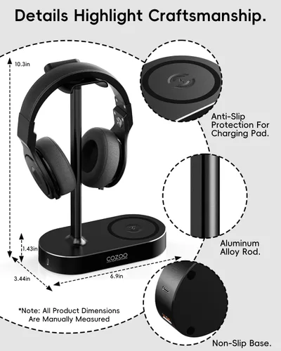 Vista 7 de COZOO Soporte para auriculares con almohadilla de carga inalámbrica rápida y 2 puertos de carga USB, adecuado para juegos, DJ, accesorios