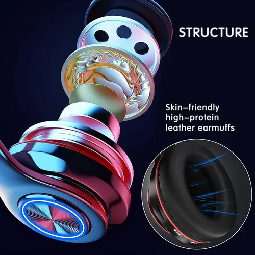 Vista 8 de Auriculares Bluetooth sobre la oreja, auriculares con luces LED y micrófono incorporado, ligeros, Bluetooth 5.0, auriculares HiFi estéreo