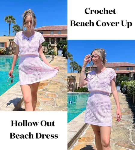 Vista 2 de AOLRO Pareos de natación para mujer, de ganchillo, manga corta, cuello en V, para playa, vestidos de salida de baño, tallas S-XXL