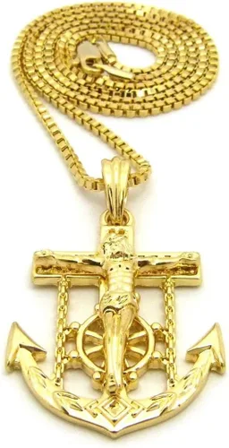 Vista 3 de Shiny Jewelers USA - Colgante de cadena cubana de cuerda para hombre Jesús con ancla de cruz y cadera, 24.0in
