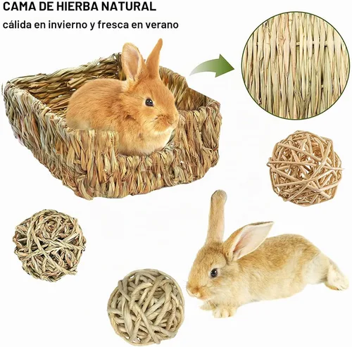 Vista 3 de Hamiledyi Cama de hierba de conejo para conejo, 21 piezas de juguetes masticables de conejo para moler dientes, palo de bambú dulce, bola de hierba