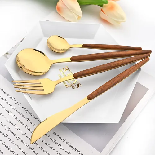 Vista 2 de Juego de cubiertos de 24 piezas de mango de madera, juego de cubiertos de acero inoxidable de madera, cuchillo de cena, tenedor, cucharadita