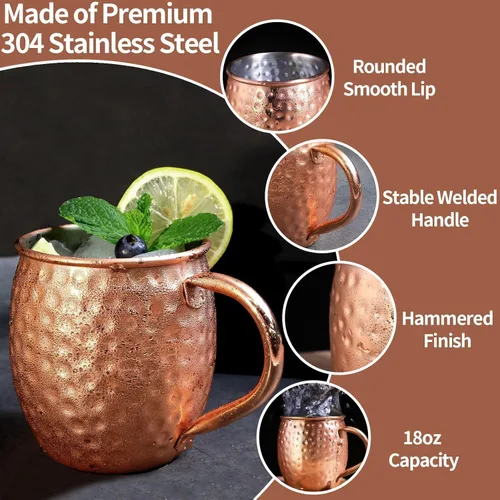 Vista 4 de LINALL Moscow Mule Tazas de Cobre - Juego de 12 Tazas de Acero Inoxidable Chapado en Cobre de 18oz, para Bebidas Frías (12 unidades)