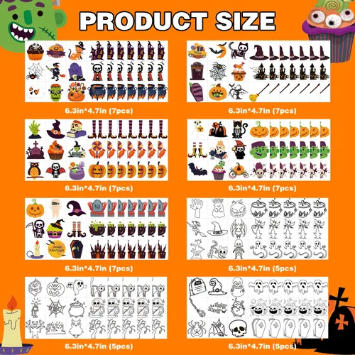 Vista 3 de 600 tatuajes temporales de Halloween para niños, varios colores y que brillan en la oscuridad, calcomanías de tatuajes para fiestas de Halloween