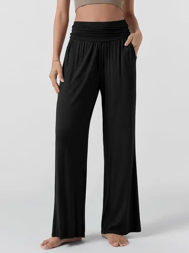 Vista 2 de ODODOS - Pantalones palazzo de pierna ancha para mujer, pantalones informales ligeros, holgados y cómodos con bolsillos, pantalones de pijama