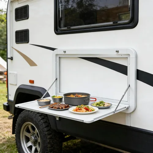 Vista 4 de Mesas plegables de 31.5 pulgadas para caravana, mesa plegable de aleación de aluminio, mesa de pared plegable con cerradura para caravana, camino al