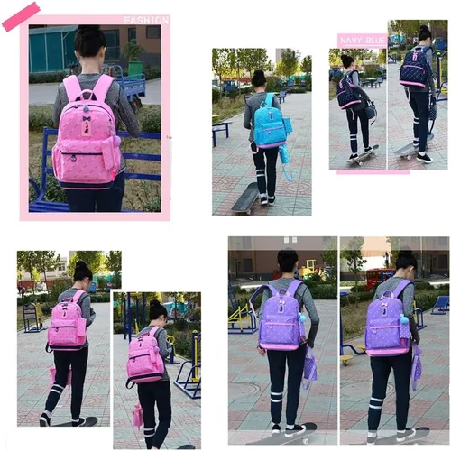 Vista 7 de VIDOSCLA - Juego de 3 piezas con mochila escolar básica para el hombro, lonchera y lapicera, con estampado de corazón y moños, para chicas