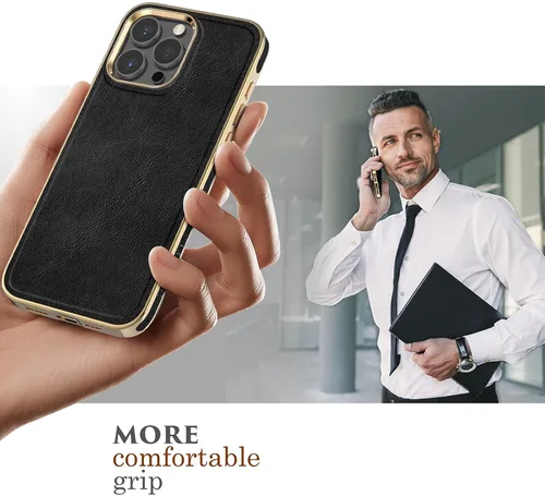 Vista 4 de LOHASIC Funda de piel sintética para iPhone 15 Pro, elegante funda de teléfono vintage de lujo para hombres y mujeres, agarre antideslizante, Negro
