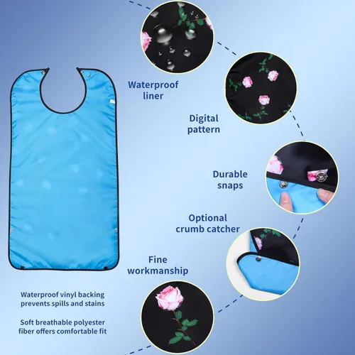 Vista 7 de Baberos para adultos para mujer, 1 paquete de babero impermeable para mujeres mayores con receptor de migas opcional, baberos para adultos mayores