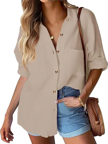 Vista 23 de HOTOUCH Camisa de manga larga con botones de lino para mujer, blusa de algodón casual, holgada, con cuello, para trabajo, de gasa, con bolsillo