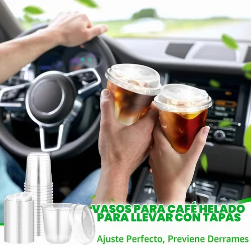 Vista 5 de 50 piezas de vasos de plástico para café con tapas con asa, vasos desechables de plástico PET transparente con tapas sin pajita para café helado