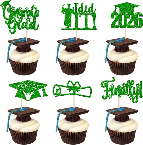 Vista 34 de Paquete de 24 adornos para cupcakes de clase 2026 con purpurina 2026 Felicidades Graduación Diploma Done Cupcake Picks 2026 Graduación Temática