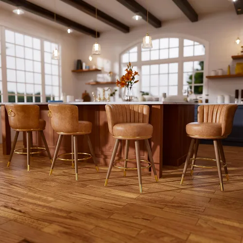 Vista 20 de SeekFancy - Juego de 2 taburetes de bar giratorios de cuero negro de 24 pulgadas Upholstered pleated backs, wood legs, gold footrests, 300lbs