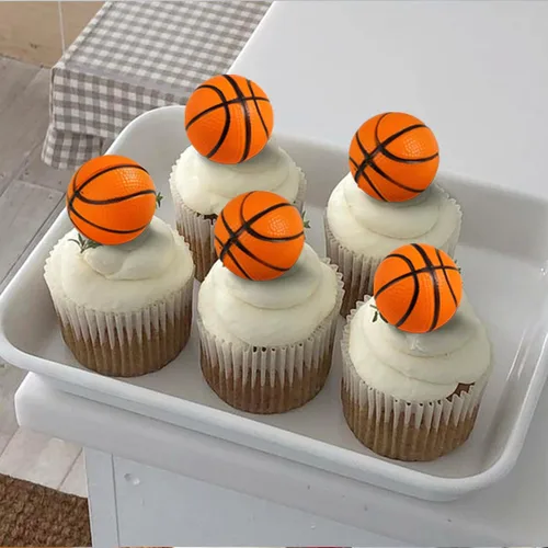 Vista 5 de Rsstarxi Paquete de 12 adornos 3D para cupcakes de baloncesto para decoración de tartas de baloncesto para temática deportiva, baby shower, fiesta