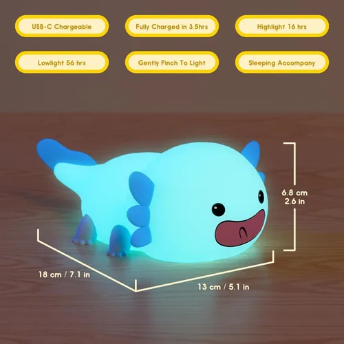 Vista 6 de UNEEDE Axolotl - Luz nocturna para niños, lámpara de noche de silicona de animales, lámpara de mesa recargable, bonita decoración de habitación, luz