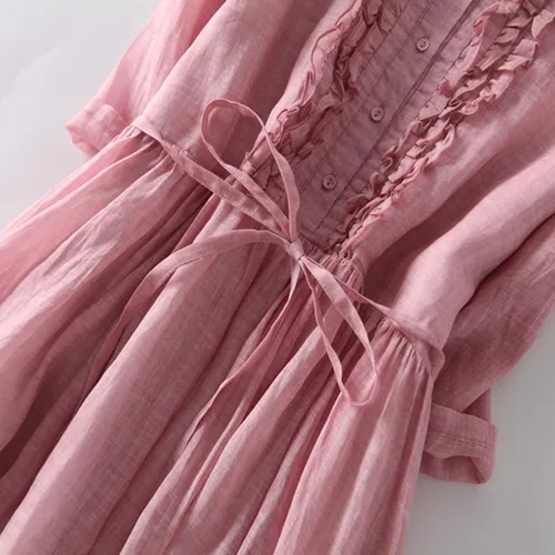 Vista 6 de Gamivast Vestidos de lino de manga 34 para mujer, casual, de verano, manga corta, cintura alta, vestido camisero de lino con botones