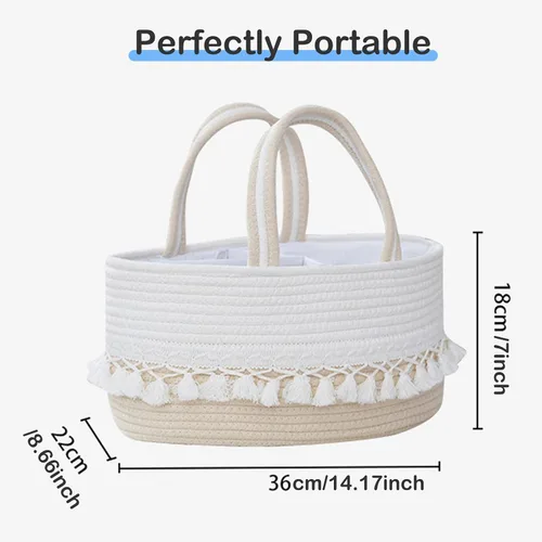 Vista 7 de Organizador de pañales para bebé, cesta de almacenamiento de cuerda con borlas, bolsa de almacenamiento portátil para niñas y niños, contenedor