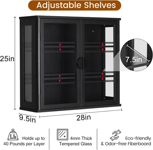 Vista 3 de NEWOWNDS Gabinete de Almacenamiento de Pared con Vitrina de Vidrio Templado Negro, Gabinete de Pared para Baño, Gabinete Montado en la Pared
