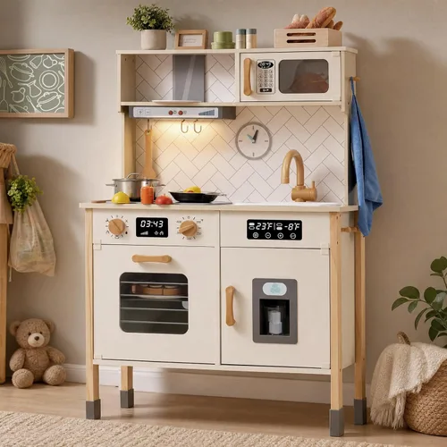 Vista 9 de Freniland Cocina de juego de madera, juego de cocina para niños con luz y sonido reales, máquina de hielo realista, estufa y horno, juguete