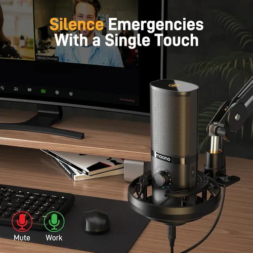 Vista 5 de MAONO Micrófono de condensador USB con soporte de choque, brazo de brazo, software, silencio, perilla de ganancia, control de volumen