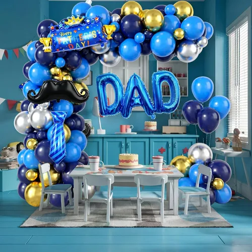 Vista 4 de Decoración del día del padre, arco de globos azul marino para el día del padre, kit de guirnalda de globos azules y dorados con corbata para barba