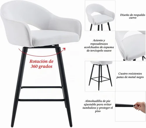 Vista 6 de DUOMAY Juego de 2 taburetes de bar giratorios, modernos taburetes de altura de mostrador de 26 pulgadas, silla de isla de cocina tapizada de Blanco
