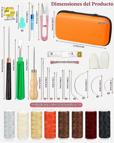 Vista 2 de PLANTIONAL Kit de costura de cuero de hilo encerado de 8 colores, kit de reparación de tapicería de 47 piezas con hilo encerado, punzón de costura