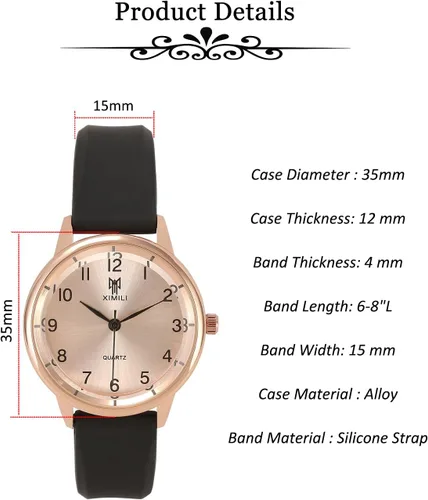 Vista 5 de MANIFO Reloj de pulsera analógico de cuarzo analógico con números arábigos clásicos para mujer, con correa de silicona, Negro