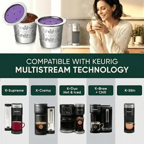 Vista 2 de Tazas K reutilizables de acero inoxidable para Keurig K-Crema, Supreme, 5 agujeros, paquete de 2 Food Grade 304 Refillable MultiStream Mesh Coffee
