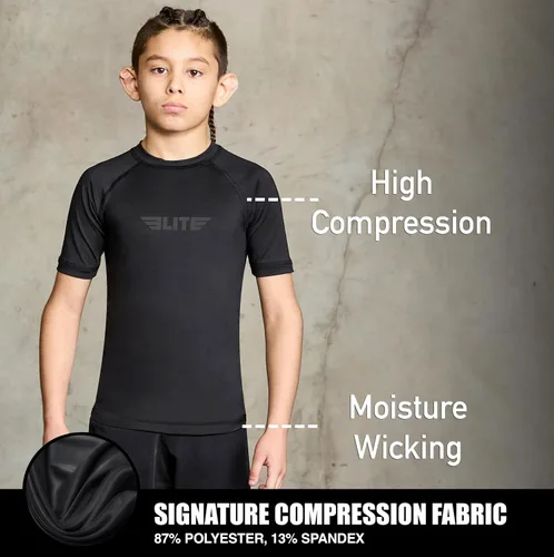 Vista 3 de Elite Sports Protector de Erupción de Jiu Jitsu para Niños BJJ, Camiseta de Compresión de Manga Corta para Entrenamiento Nogi para Niños y Niñas