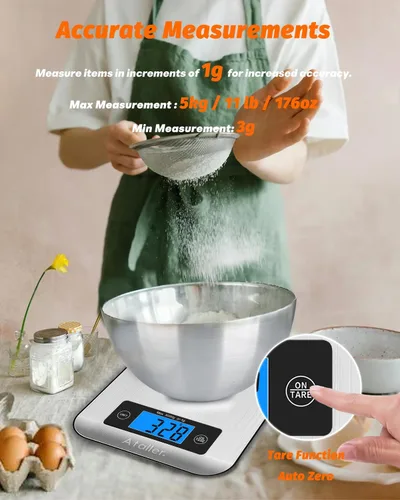 Vista 5 de Báscula inteligente para alimentos, resolución de 0.04 oz máx. 11.0 lbs 11 libras, acero inoxidable